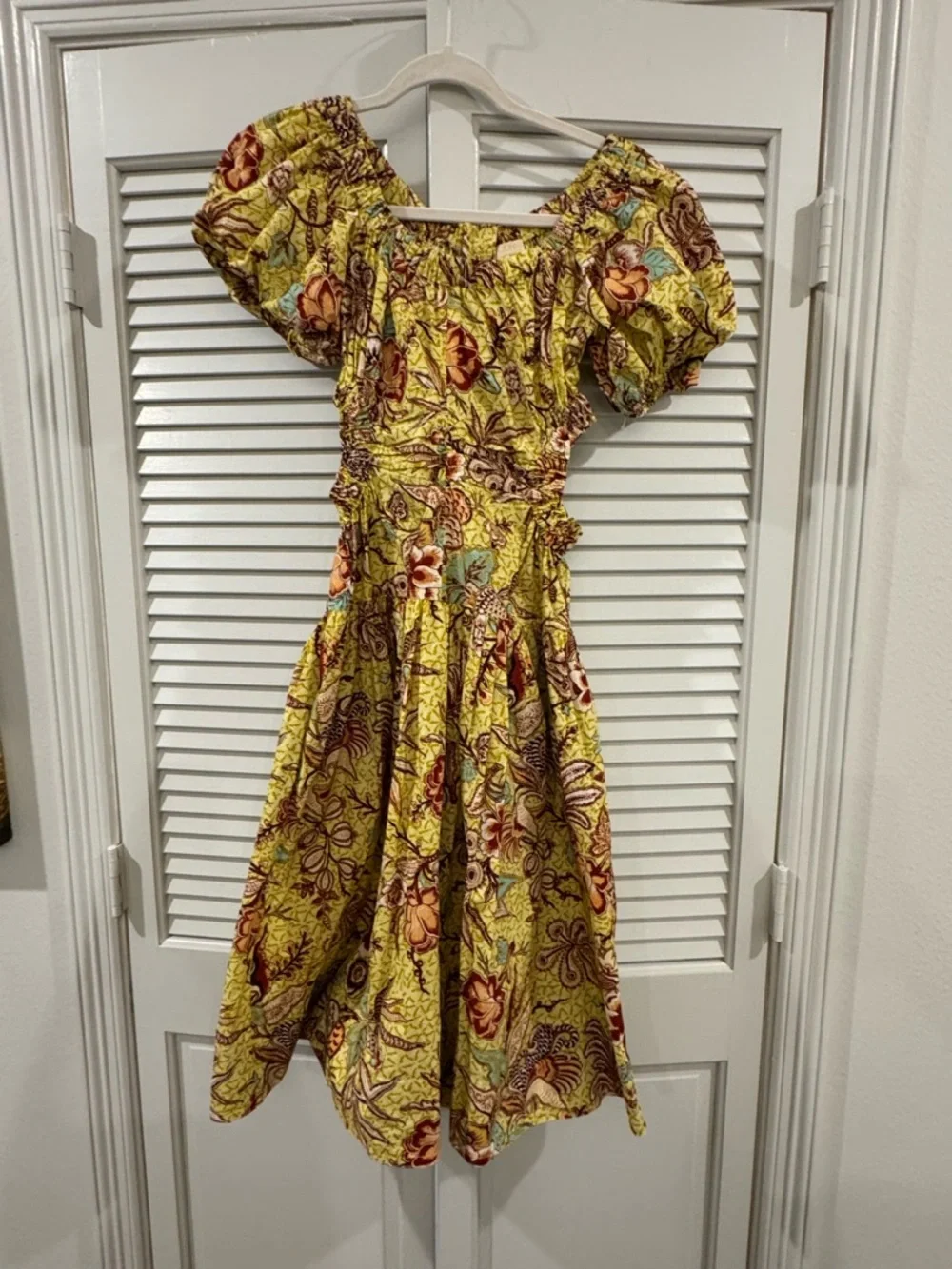 Ulla Johnson Yellow Floral Midi Dress with Puff Sleeves - Picture 1 of 10